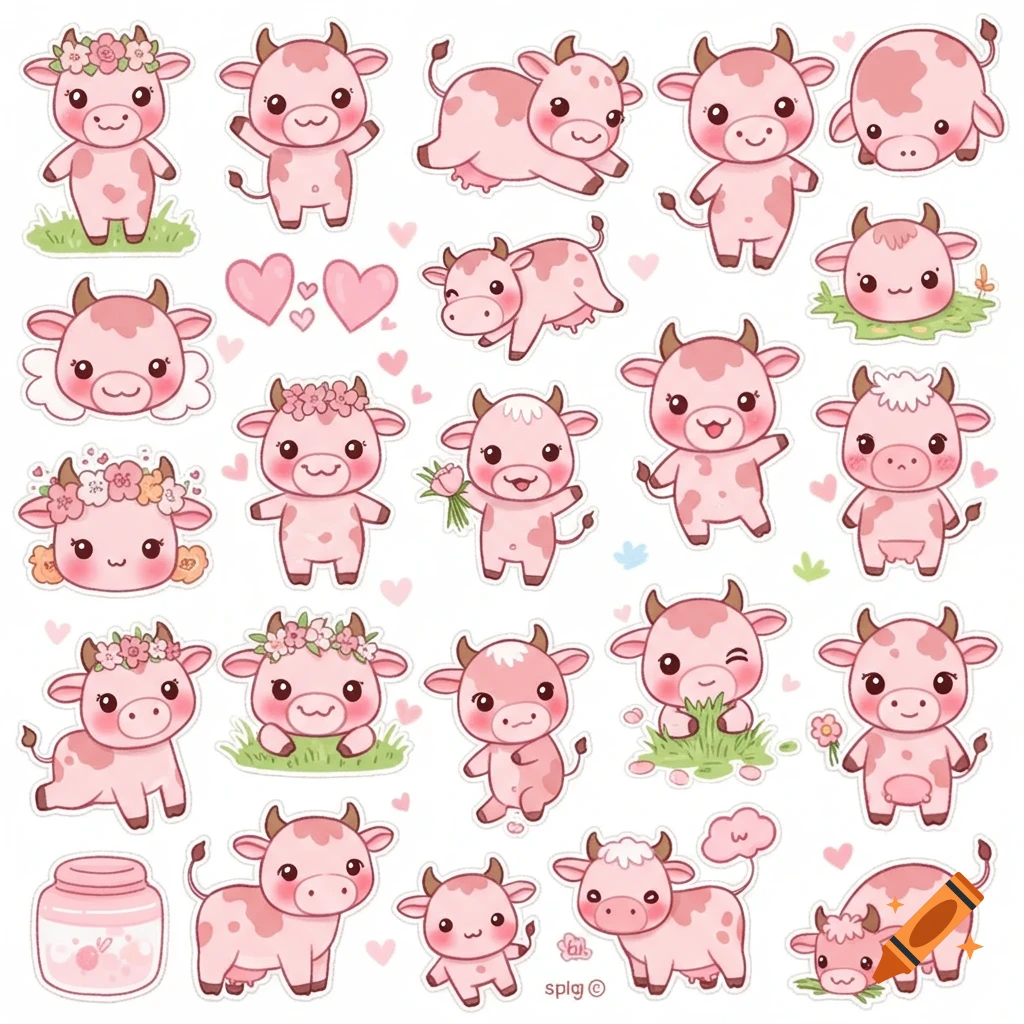 Collection of cute pink cow illustrations in a kawaii sticker style with hearts and flowers.