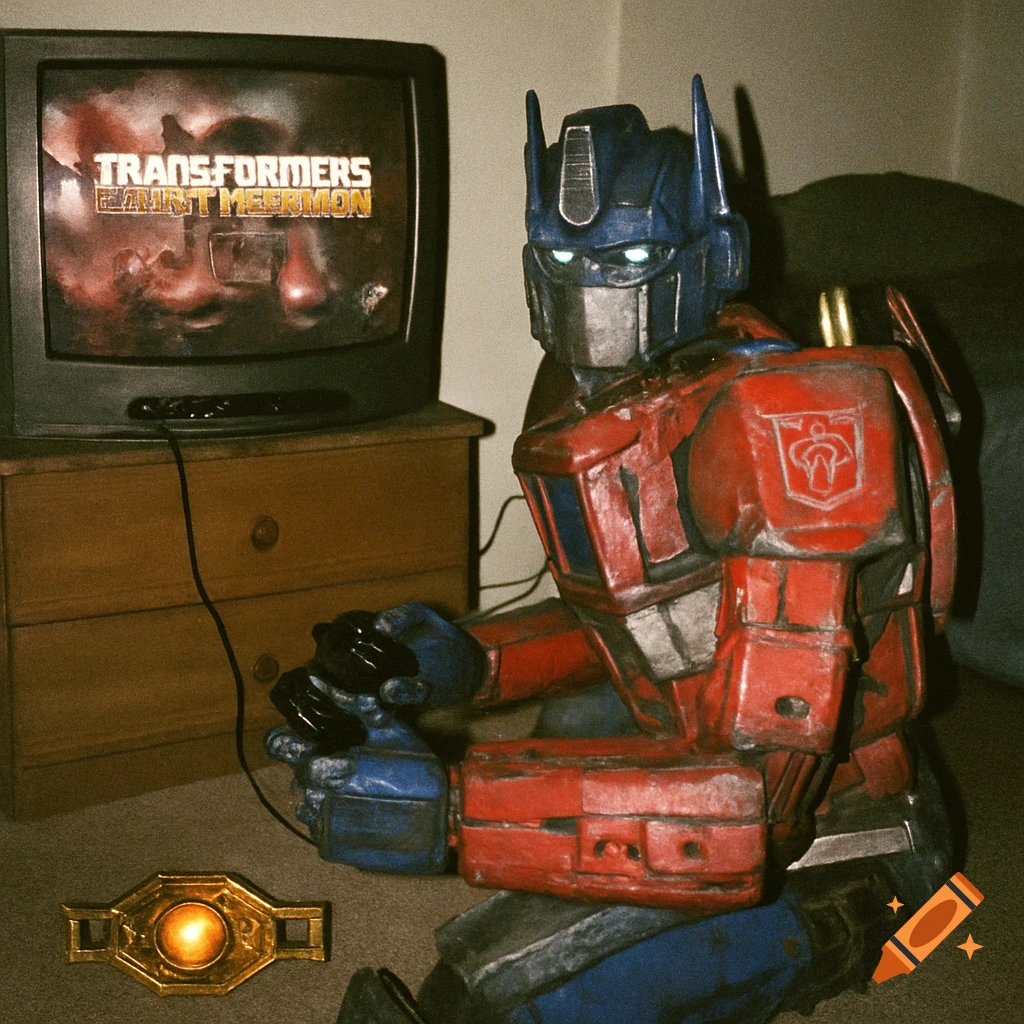 Optimus Prime playing a video game on a CRT TV, analog photo style