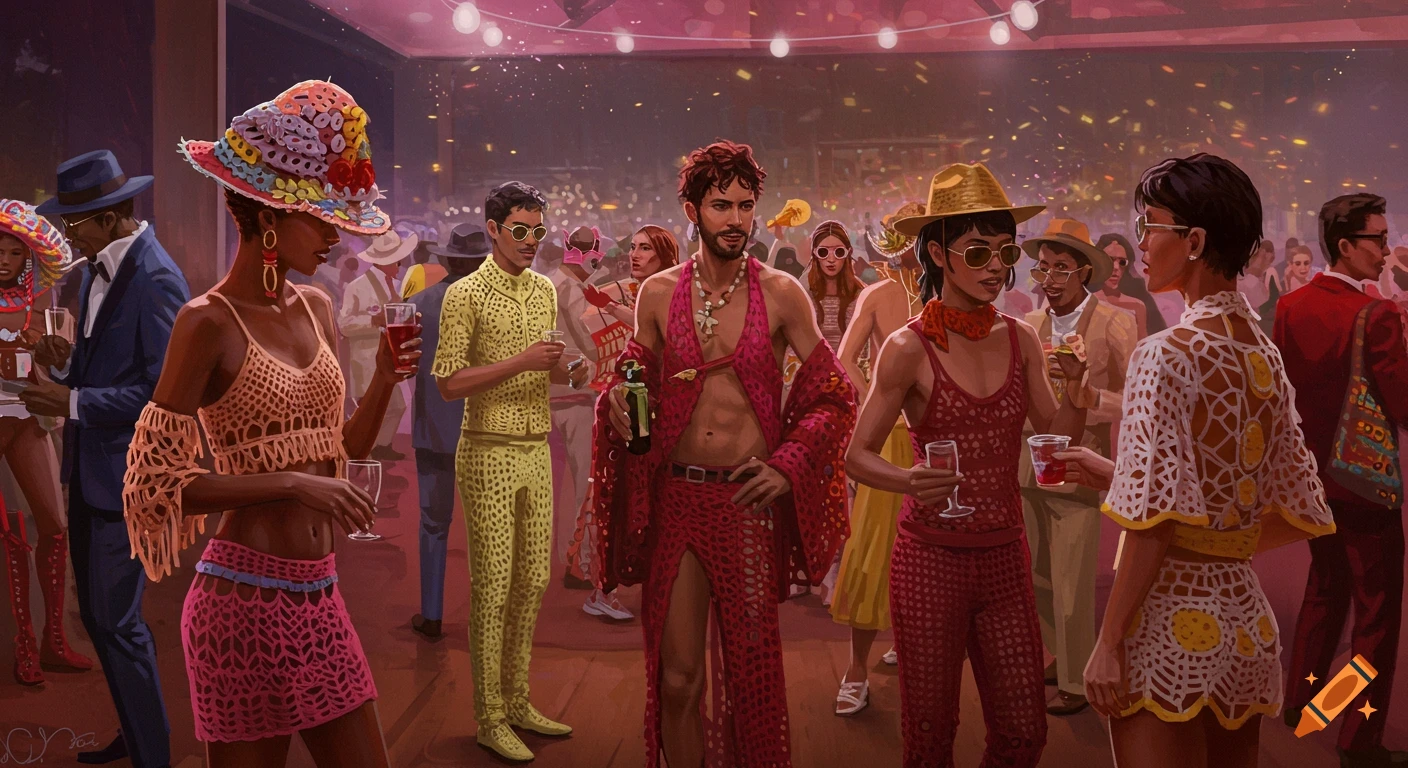 A colorful party scene with people wearing elaborate crochet outfits and hats.