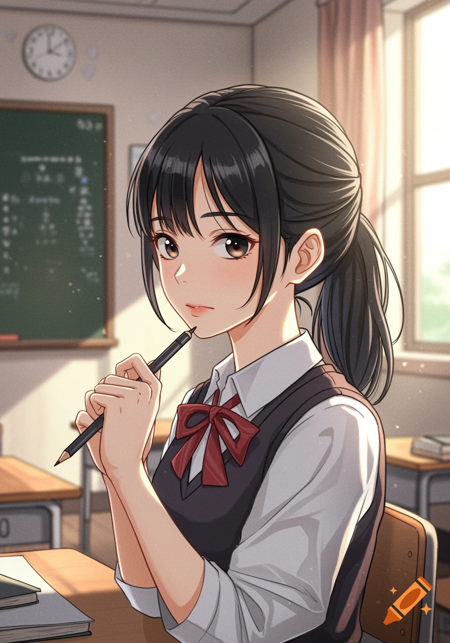 Anime illustration of a schoolgirl with a ponytail in a classroom, holding a pencil.