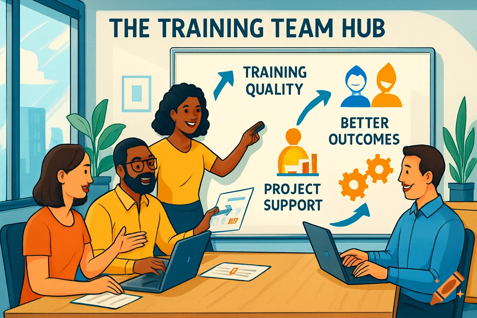 Illustration of a diverse team in an office discussing a training diagram on a whiteboard.