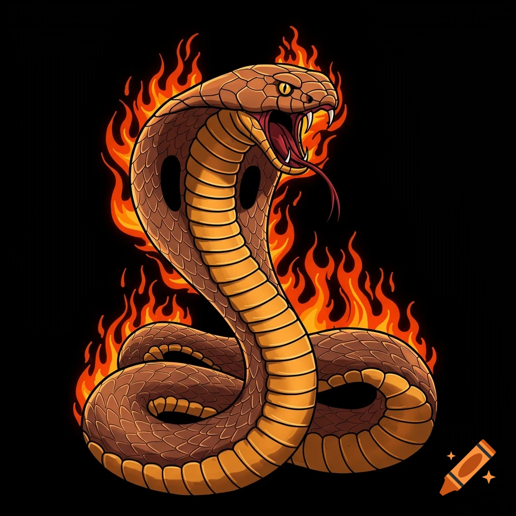 Illustration of a cobra surrounded by flames on a black background.
