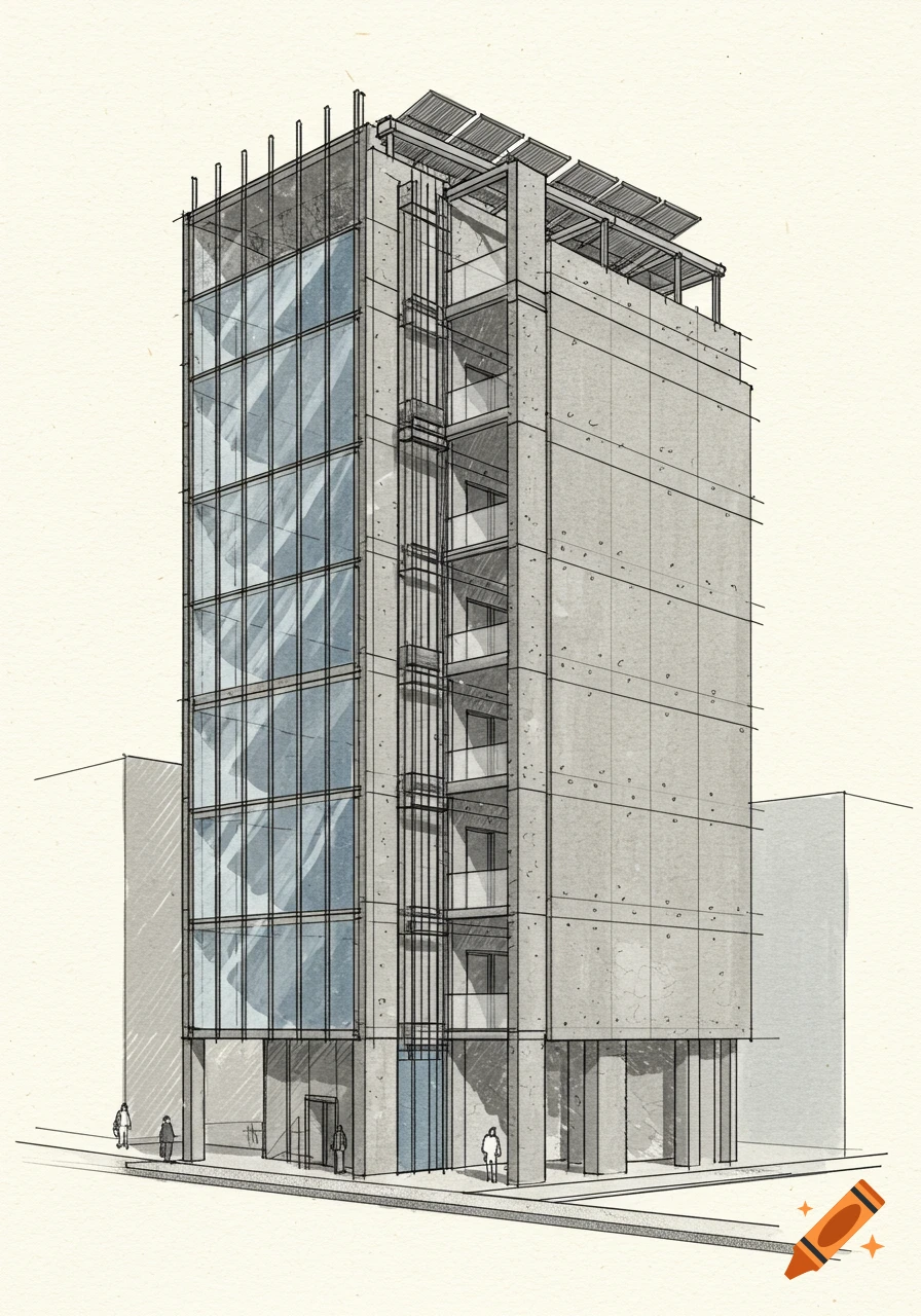 A detailed architectural sketch of a modern building with glass and concrete.