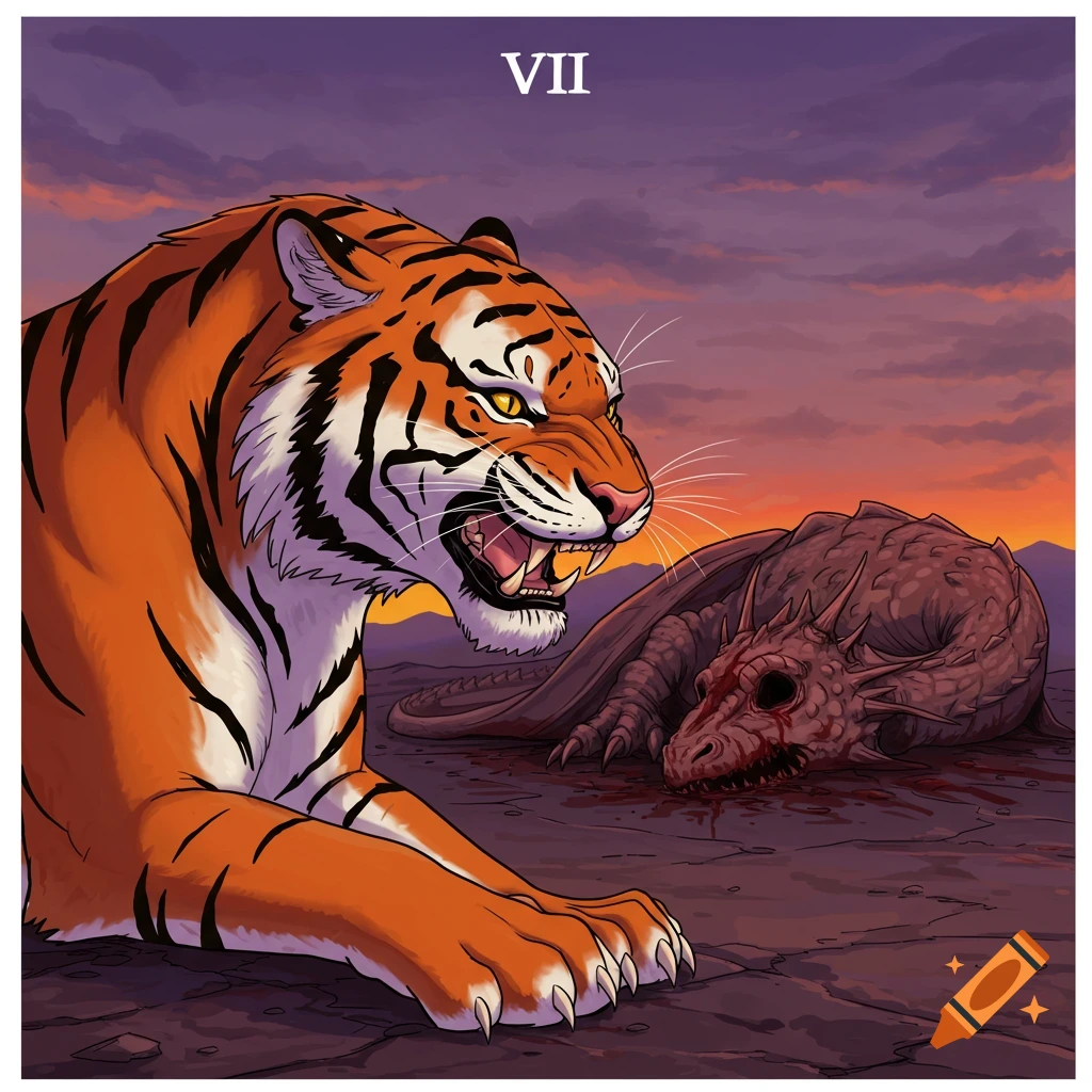 Illustrated tiger stands over a dead, bloody dragon at sunset. Text 'VII' is at the top.
