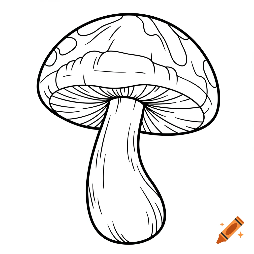 Black and white line drawing of a mushroom, suitable for coloring.