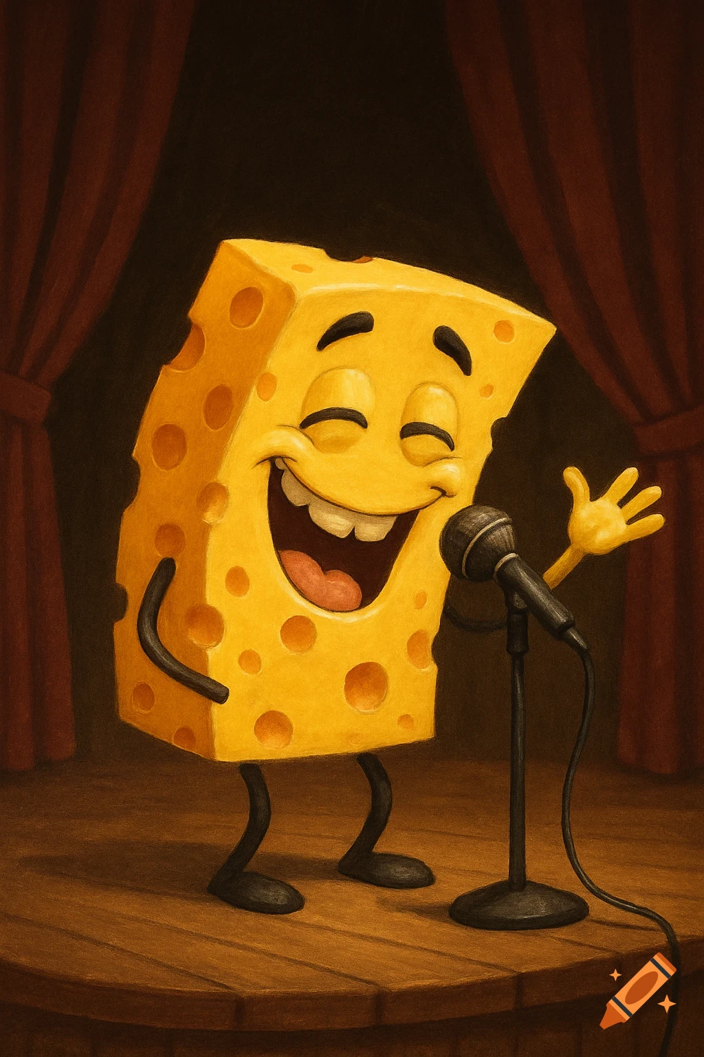 Cartoon cheese character performs stand-up comedy on stage