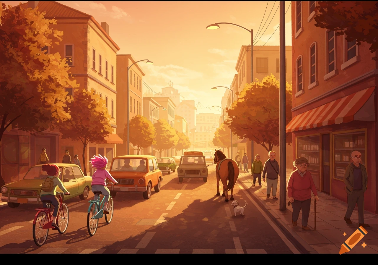 Street scene at sunset with cars, cyclists, pedestrians, and a horse in an urban area.