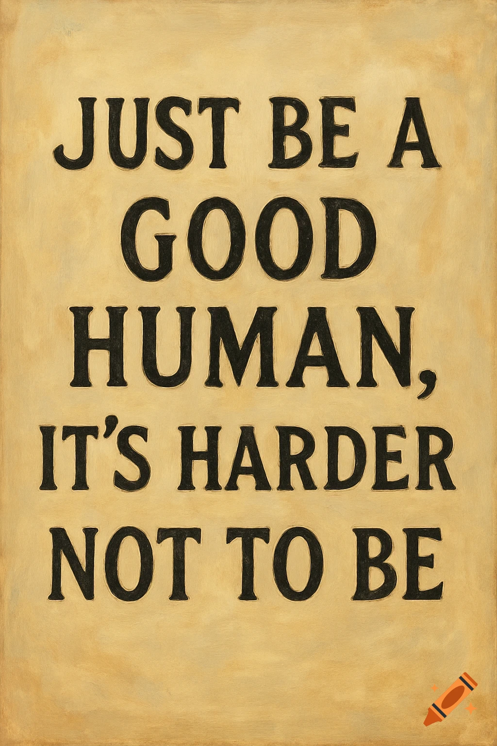 The quote "Just be a good human, it's harder not to be" on a textured yellow background.
