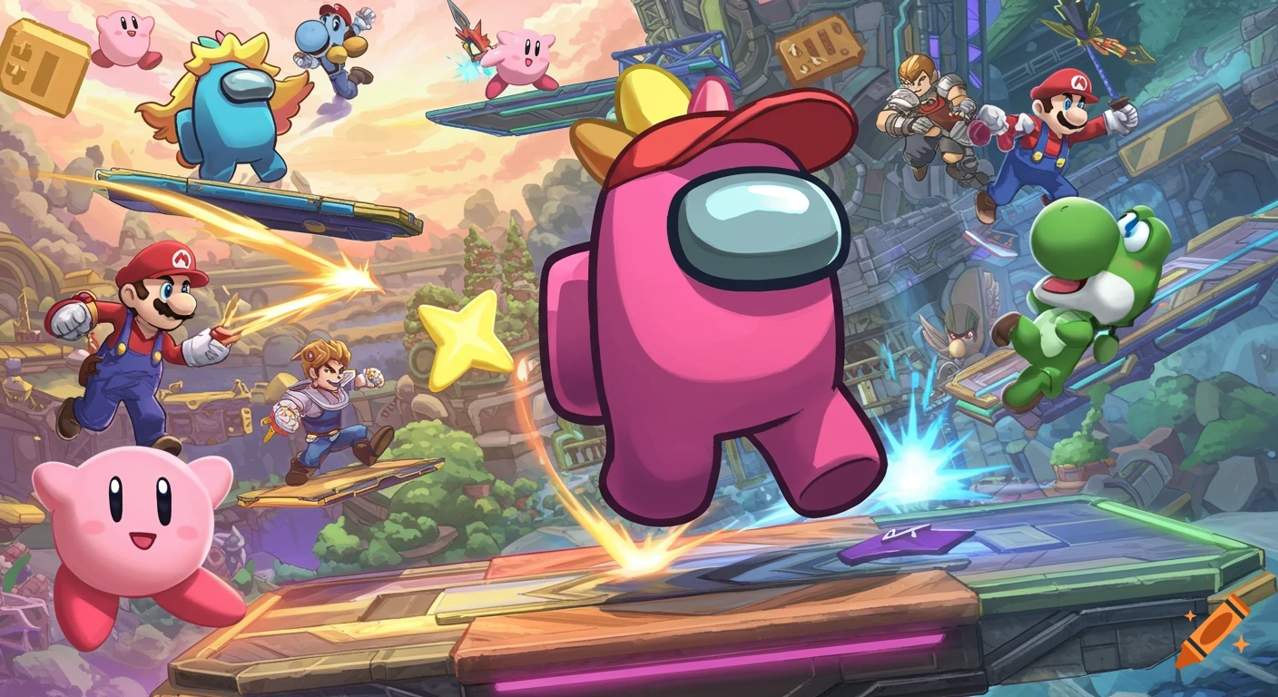 Cartoon characters including an Among Us crewmate, Mario, Kirby, and Yoshi fighting on a stage in a Super Smash Bros style.