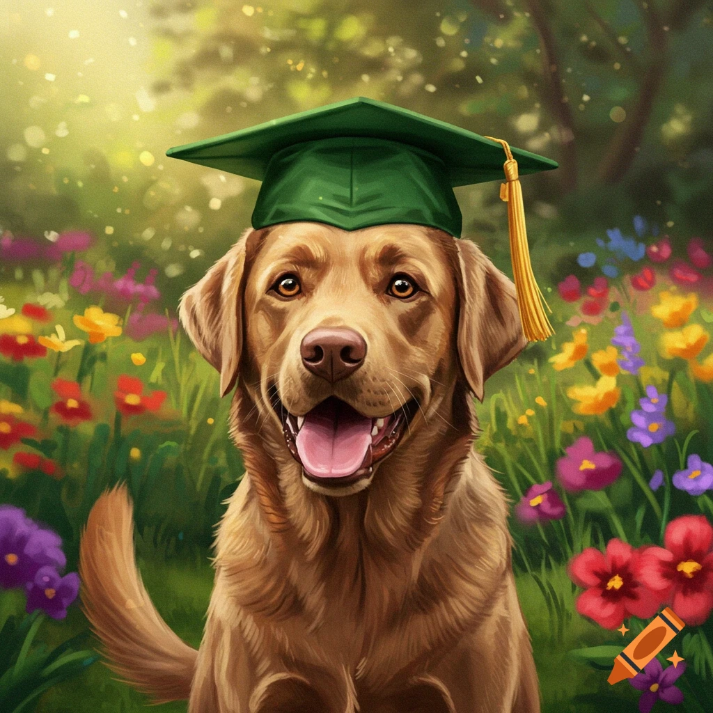 A light chocolate Labrador dog wearing a green graduation cap in a garden with flowers.
