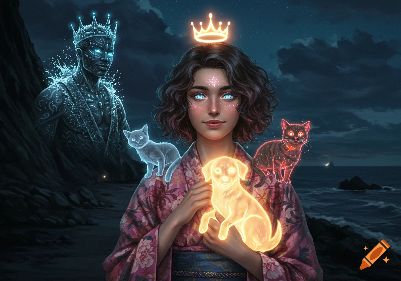 Fantasy illustration of a woman in a kimono with glowing pets and a water man on a beach at night.