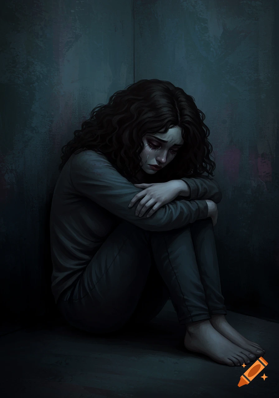 Digital painting of a person sitting curled up and crying in a dark room