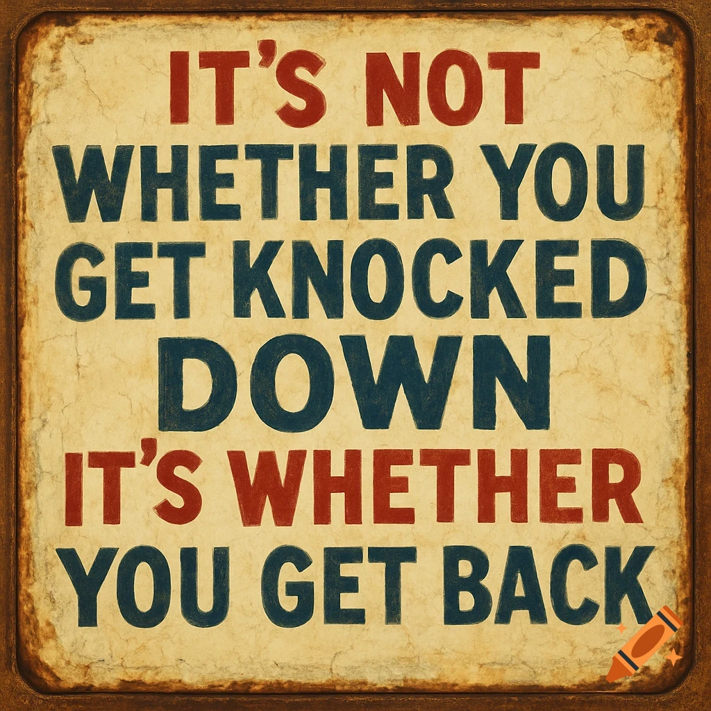 A vintage style sign with the quote 'IT'S NOT WHETHER YOU GET KNOCKED DOWN IT'S WHETHER YOU GET BACK' in red and blue text on a cream background.