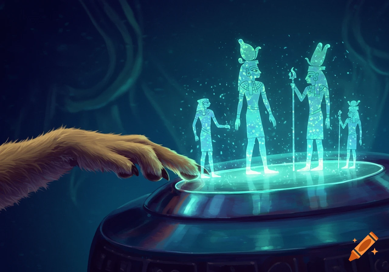 A furry paw touches a device projecting glowing blue holographic figures of ancient Egyptian style deities.