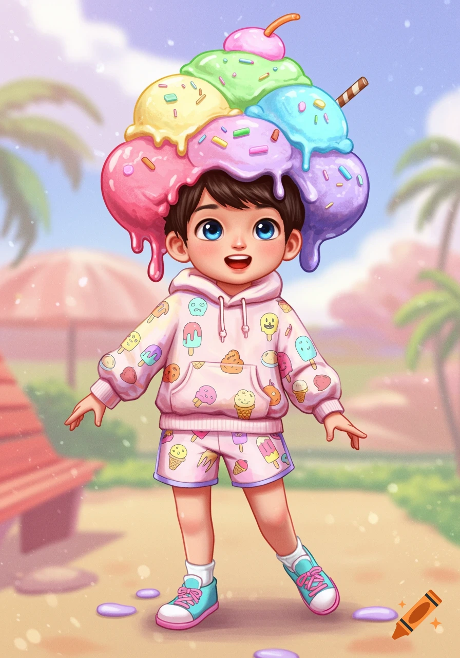 Cartoon digital art of a child on a beach wearing an ice cream scoop hat and ice cream patterned hoodie and shorts.