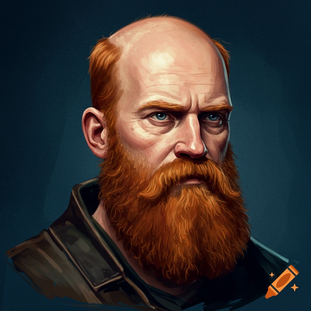Illustrative portrait of a bald man with a red beard and blue eyes.