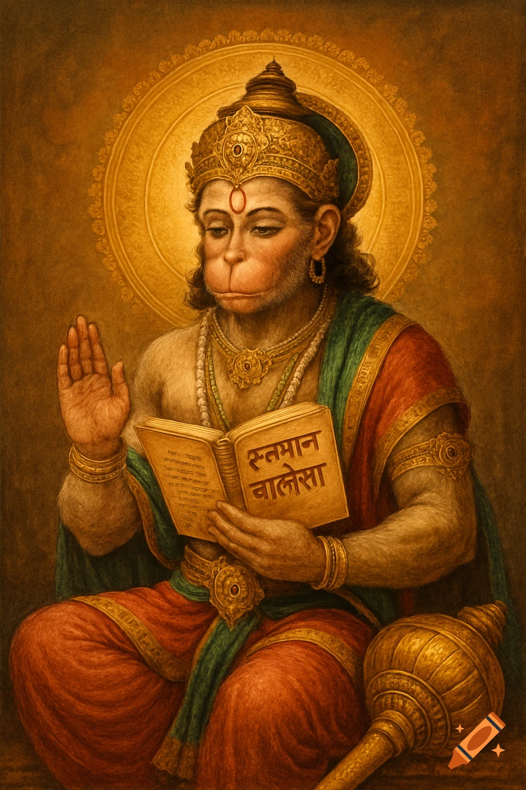 Painting of the Hindu deity Hanuman reading a book with a mace beside him