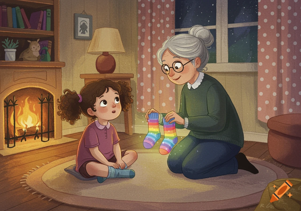 Illustration of a grandmother giving a girl rainbow socks by a fireplace.