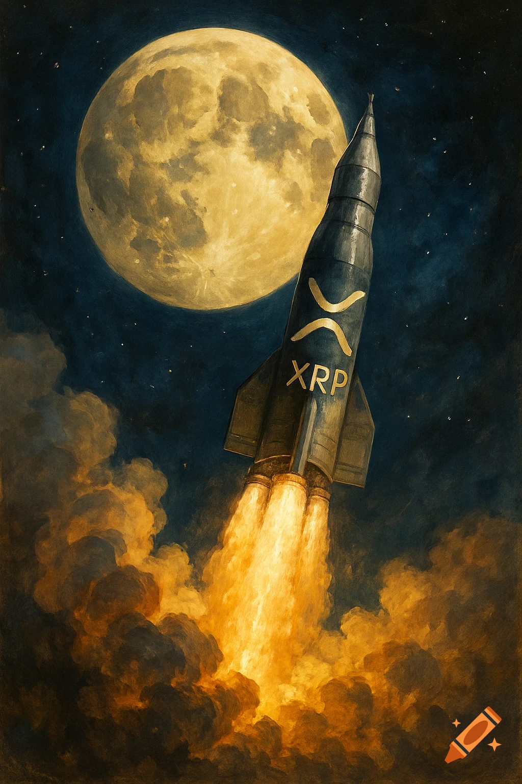 A dark rocket ship branded with 'XRP' and a symbol blasts off toward a large golden moon in a painted style.