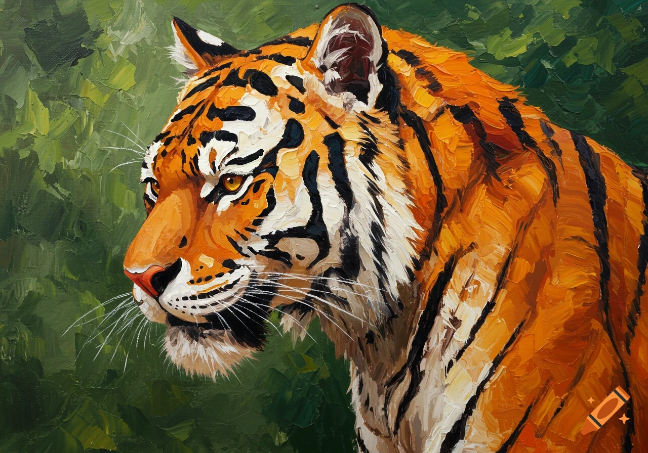 An impasto painting of a tiger with vivid orange and black stripes and green background.