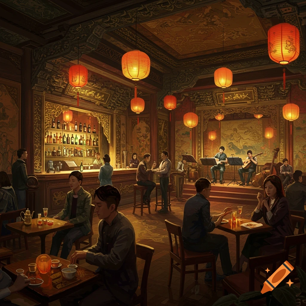 Interior of a Chinese-themed bar or restaurant with people, tables, bar, and musicians playing.