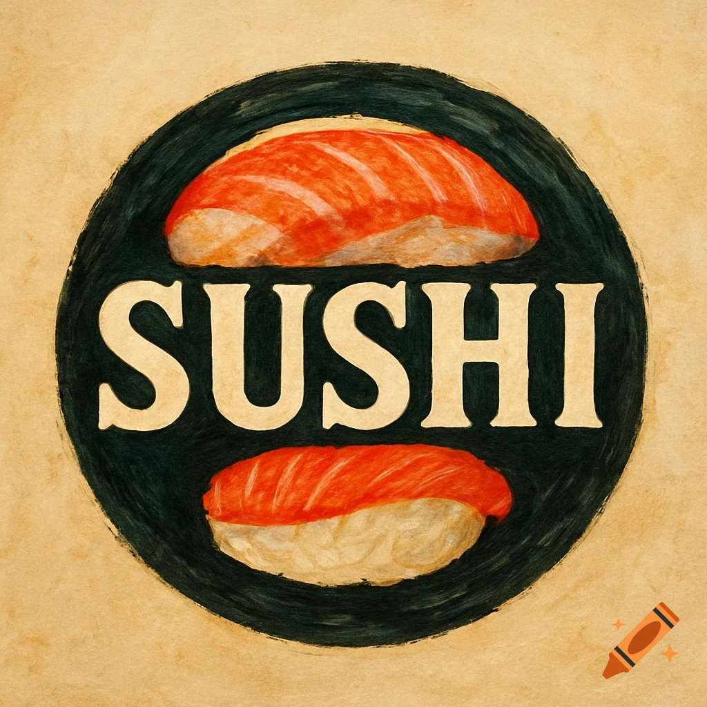 Circular sushi logo illustration with two pieces of nigiri sushi and the word SUSHI.