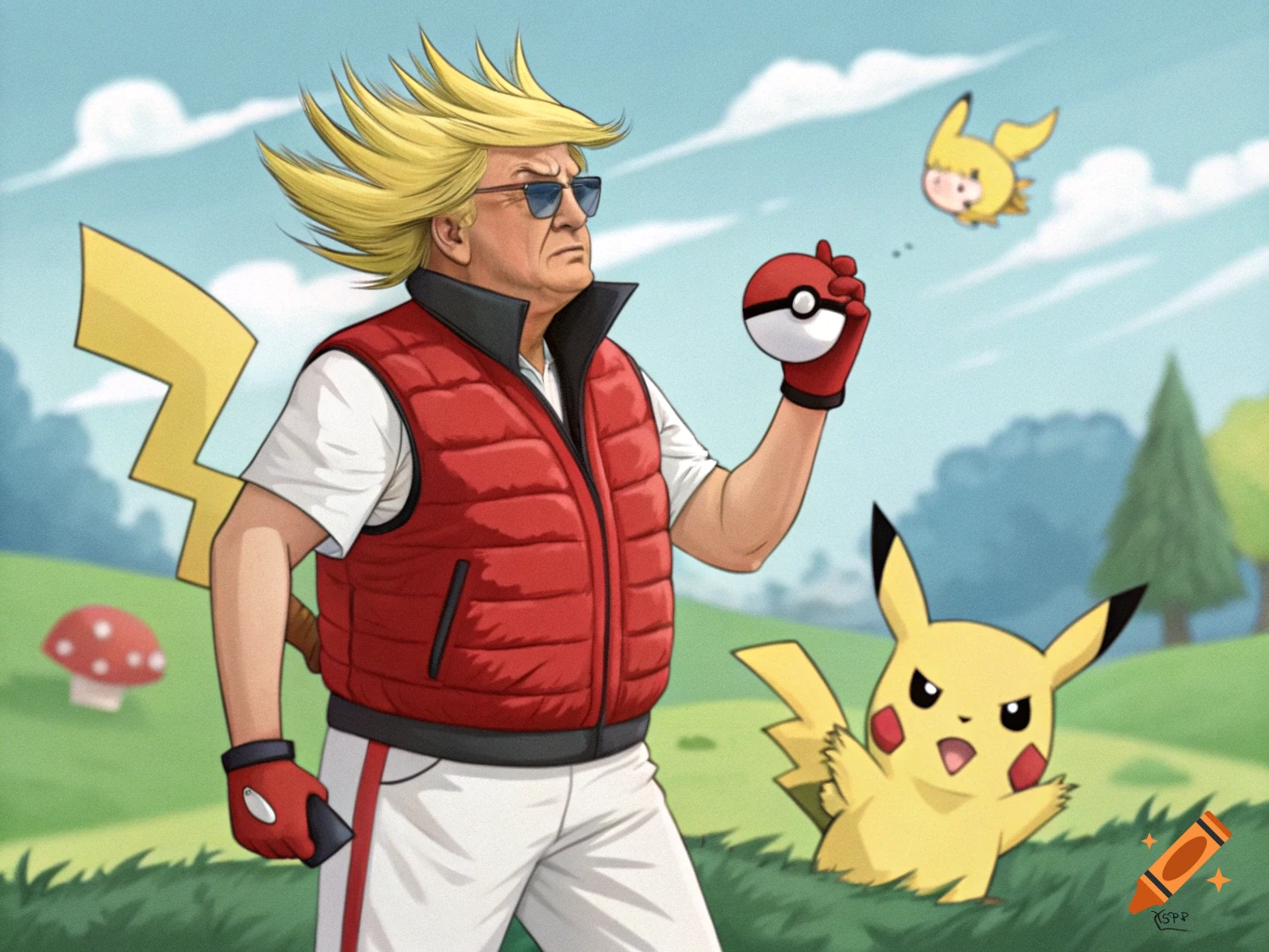 Trump Pwikachu Illustration of a figure resembling Donald Trump as a Pokemon trainer ...