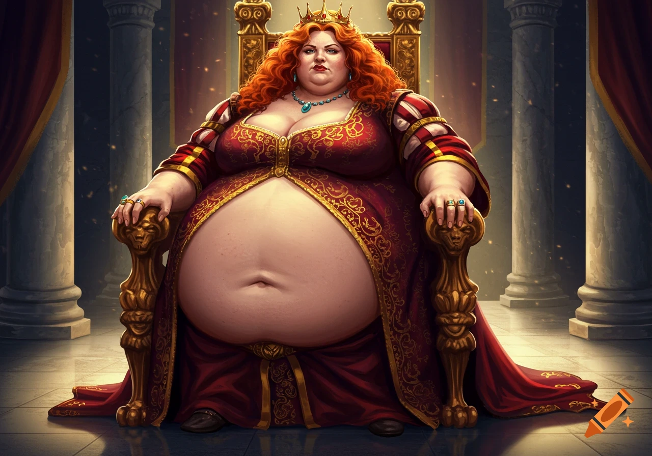 A very obese queen sits on a golden throne in a grand hall.