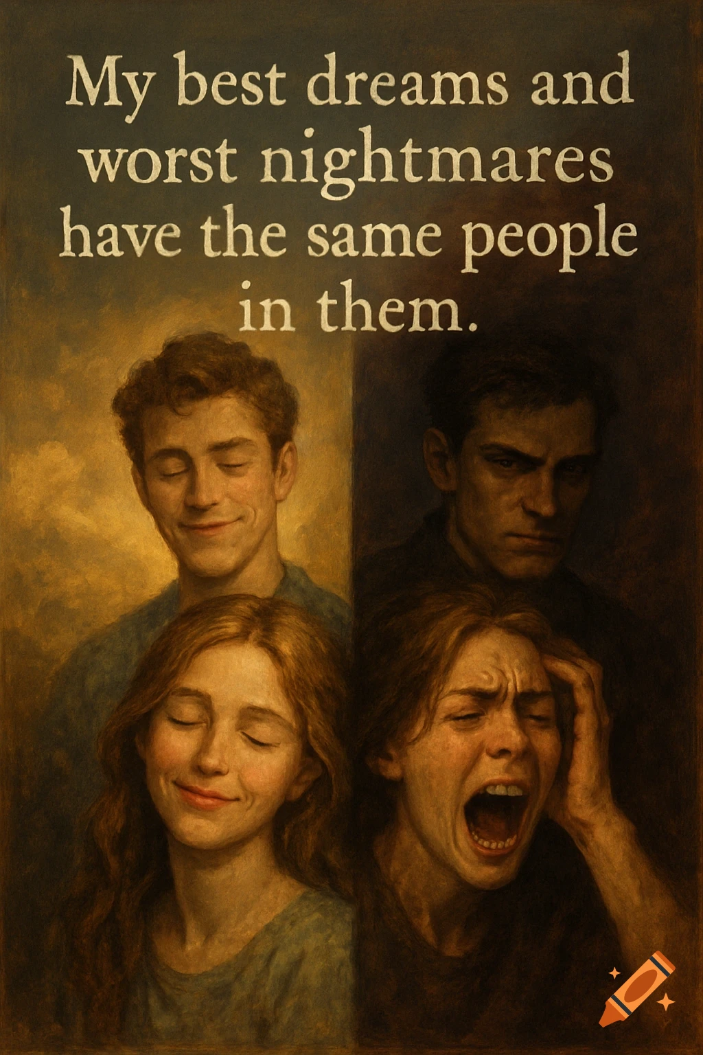 Painting of four faces split vertically: two smiling, two distressed, with text 'My best dreams and worst nightmares have the same people in them.'
