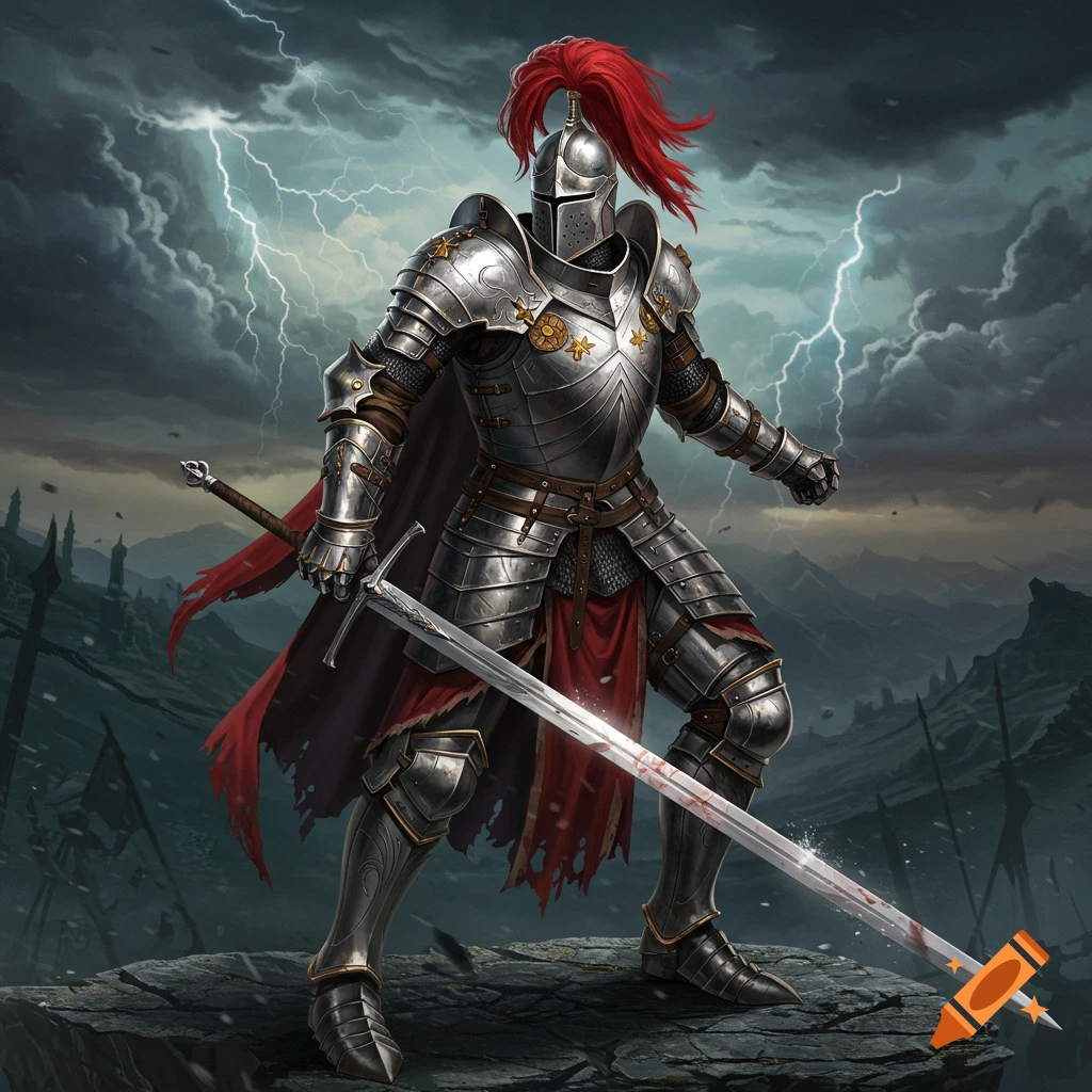 A knight in full plate armor stands with a bloody sword on a rock under a stormy, lightning-filled sky.