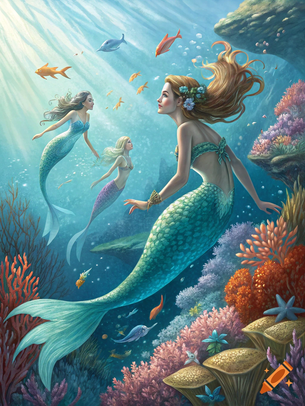 Three mermaids swim through a colorful underwater scene with fish and coral.