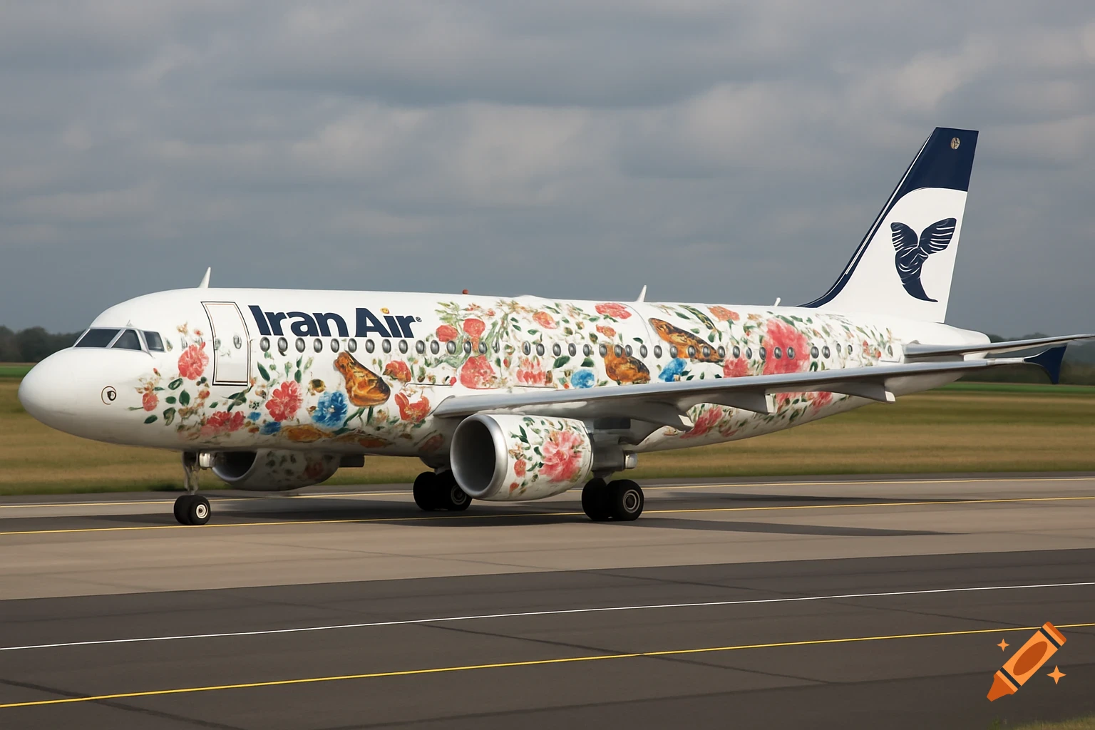 A passenger airplane decorated with floral and butterfly motifs on a runway.
