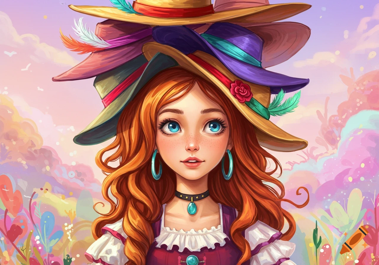 Stylized portrait of a girl with red hair and many stacked hats.