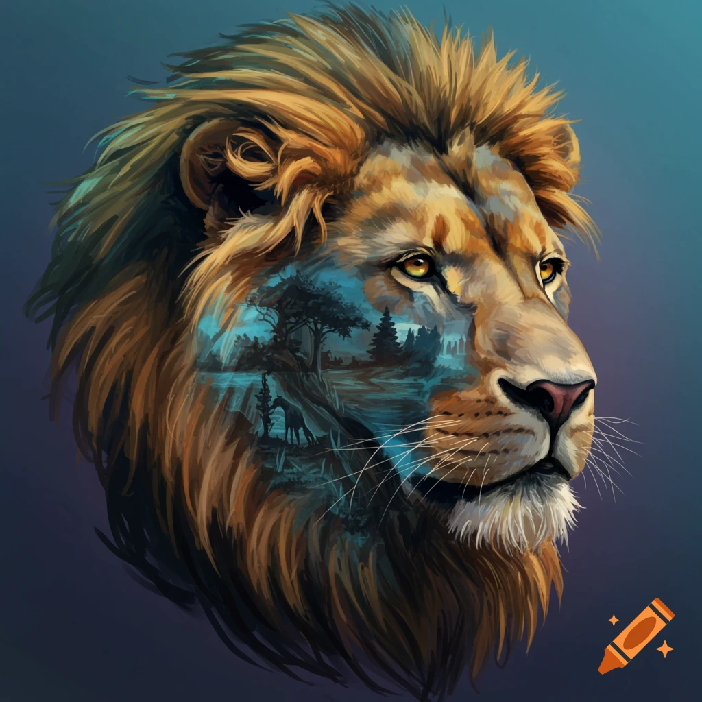 Illustration of a lion's head with a landscape scene depicted within its face.