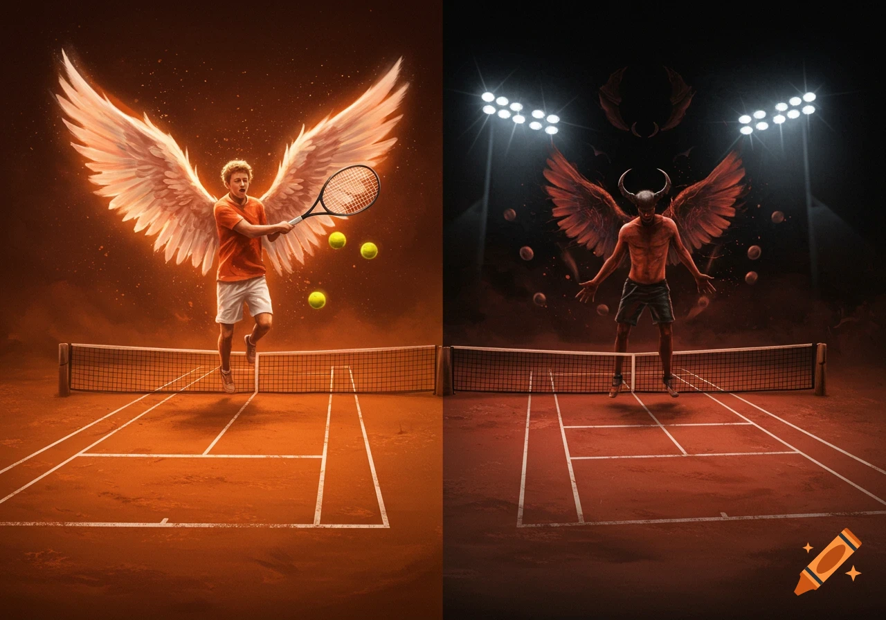 Split image showing angelic tennis player vs. demonic figure on tennis courts.