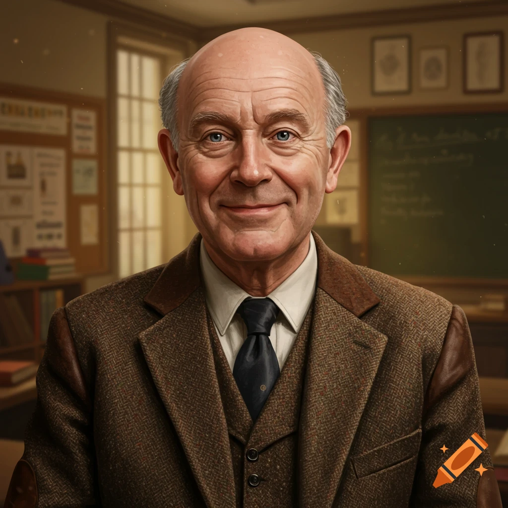 A photorealistic portrait of a smiling bald man in a tweed suit and tie, standing in a classroom.