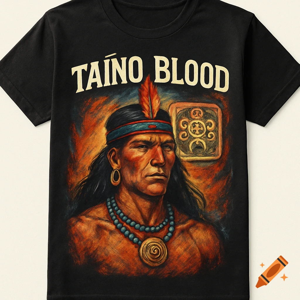 Black t-shirt with digital painting portrait of a Taino man wearing a headband and necklace, with 'TAÍNO BLOOD' text.
