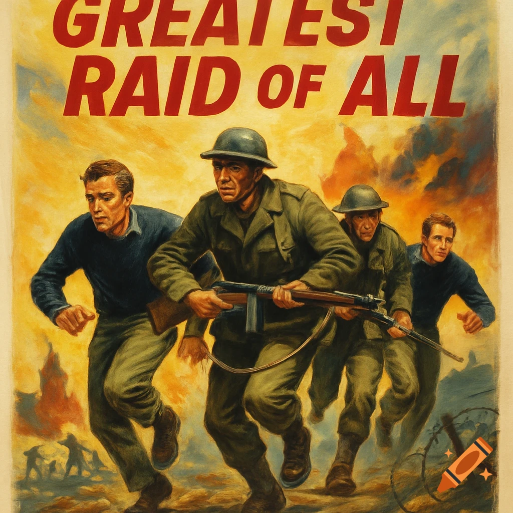 Movie poster with soldiers running from explosions, text reads 'GREATEST RAID OF ALL'.