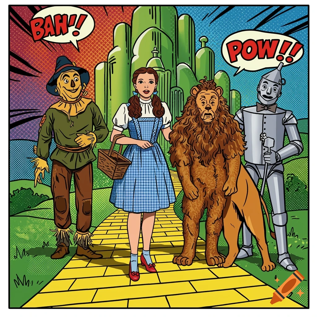 Scarecrow, Dorothy, Cowardly Lion, and Tin Man walk on the yellow brick road towards the Emerald City in pop art style with comic book sound effects.