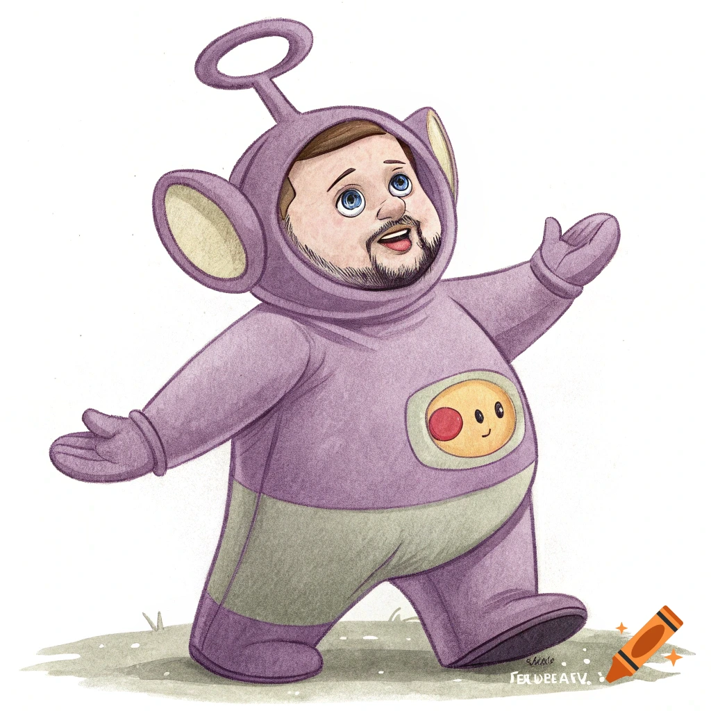 Illustration of a person with a beard and mustache wearing a purple Teletubbie costume.