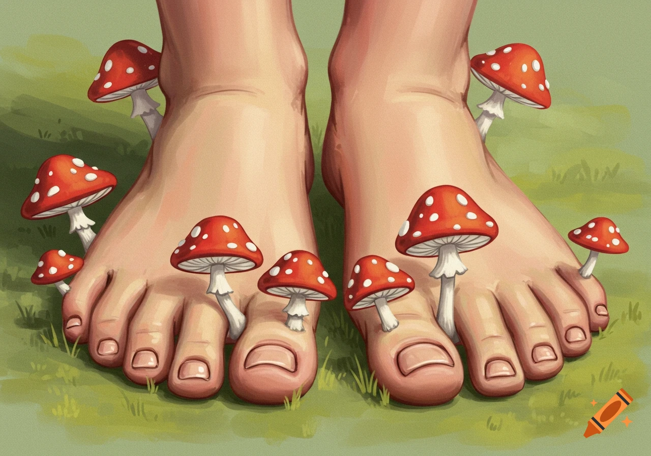 Close-up of two feet with red and white mushrooms growing from the toes and skin