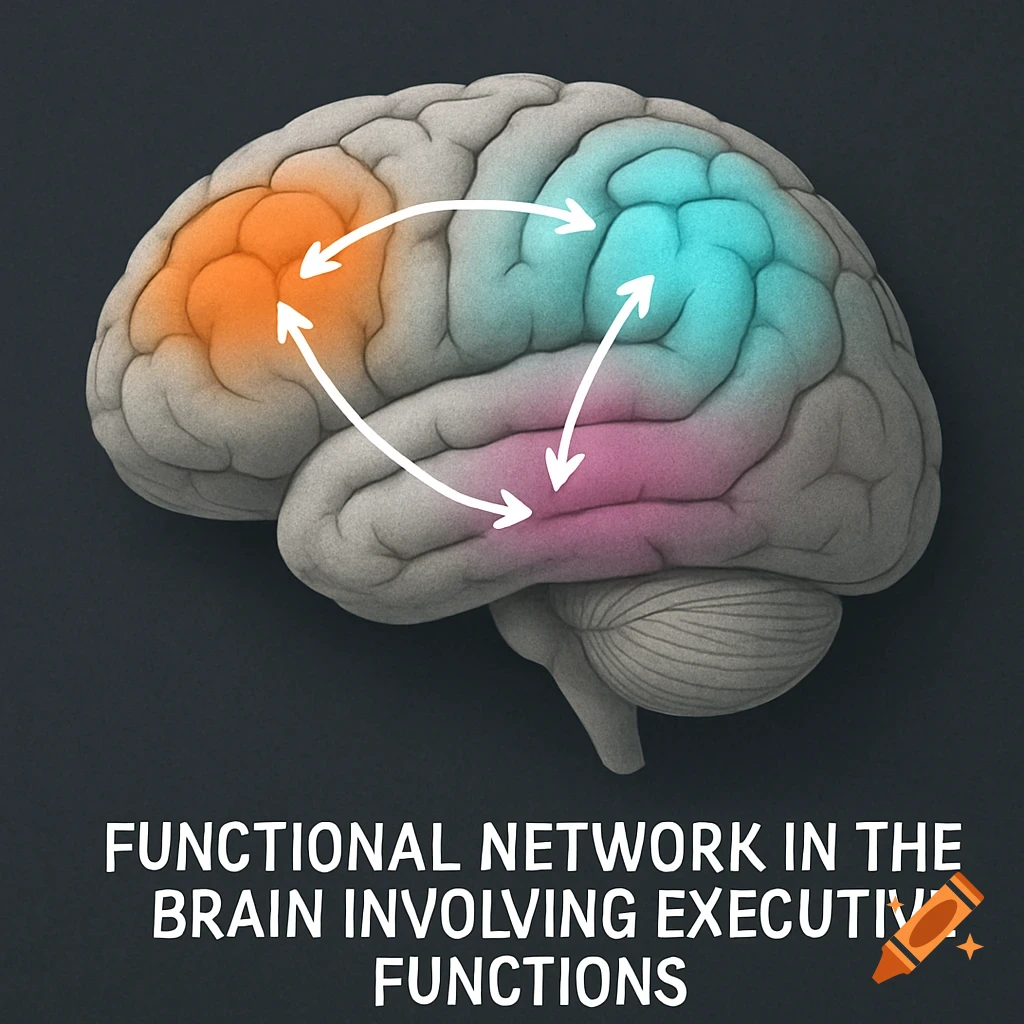 Diagram of a human brain showing colored regions and arrows indicating a functional network, with descriptive text below.