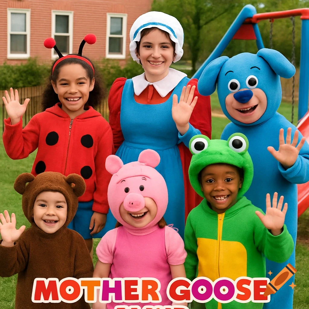 Children and adults in character costumes (Mother Goose, ladybug, animals) waving on a playground with text "MOTHER GOOSE".