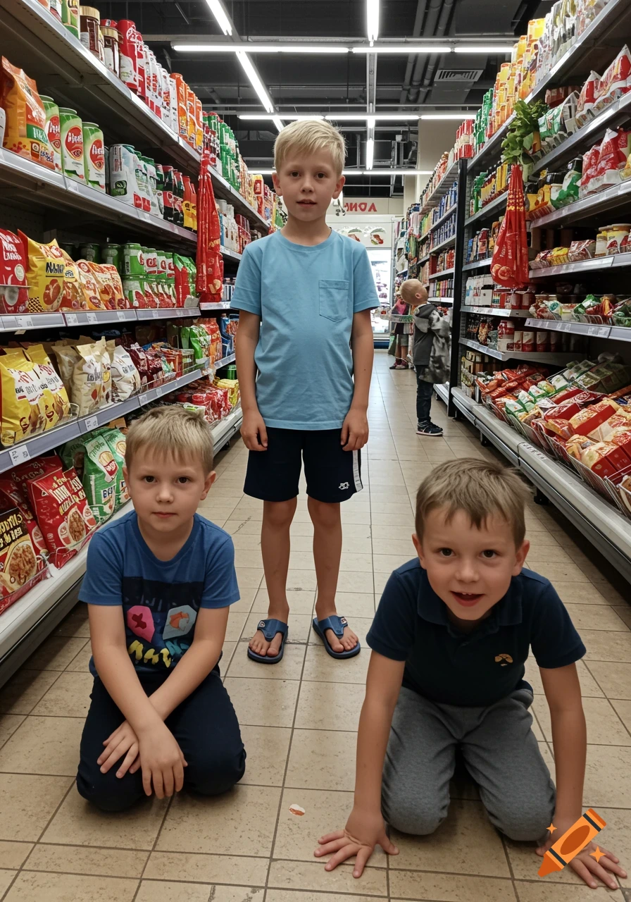 Three boys stand and kneel in a grocery store aisle.