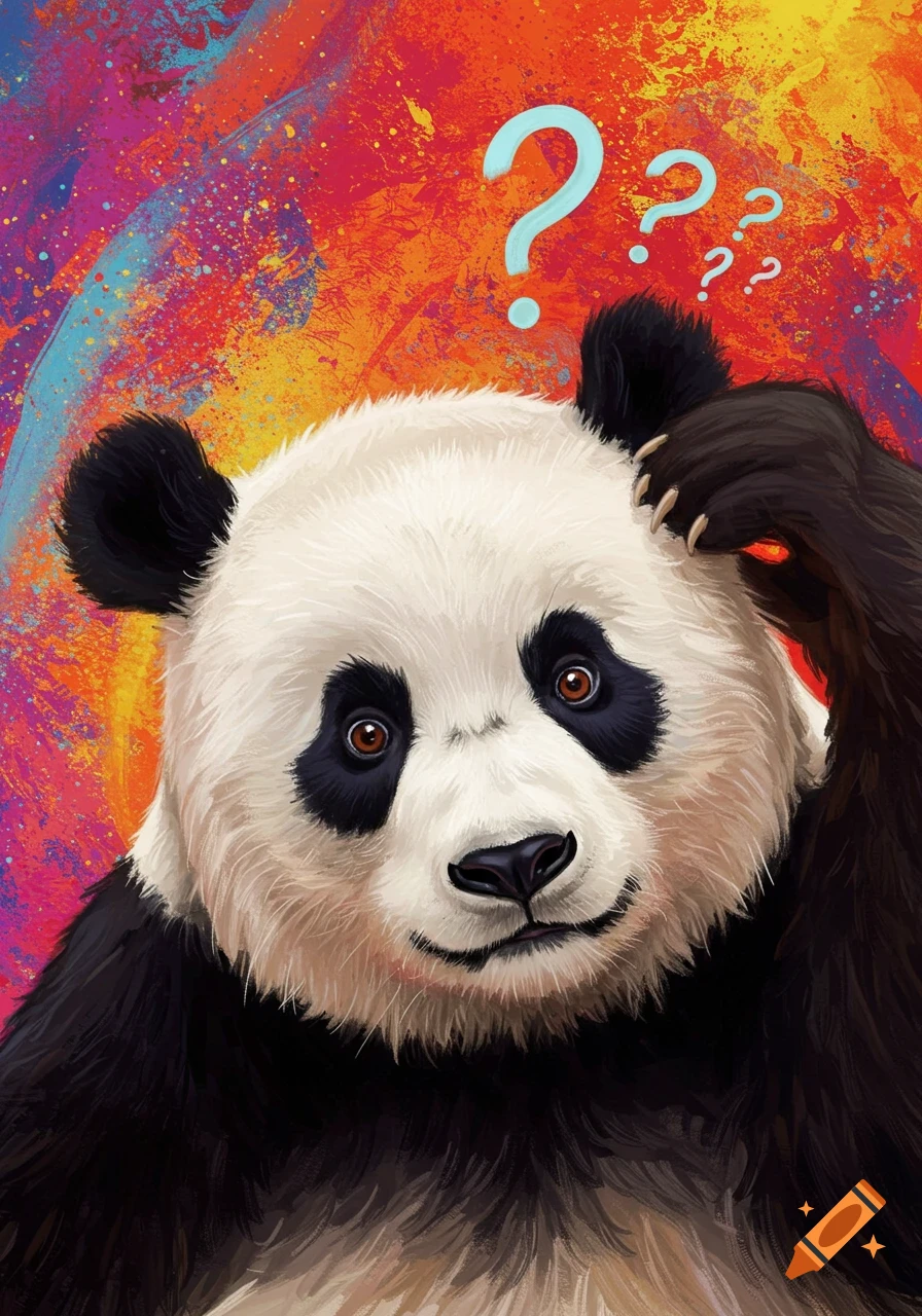 Illustration of a confused panda scratching its head with question marks above it, against a colorful background.