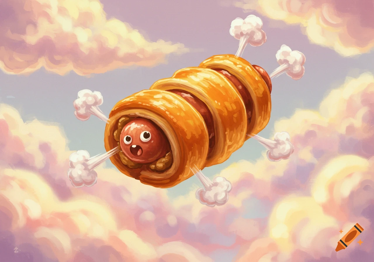 Cartoon flying sausage roll with eyes and mouth, steaming, in a cloudy sky