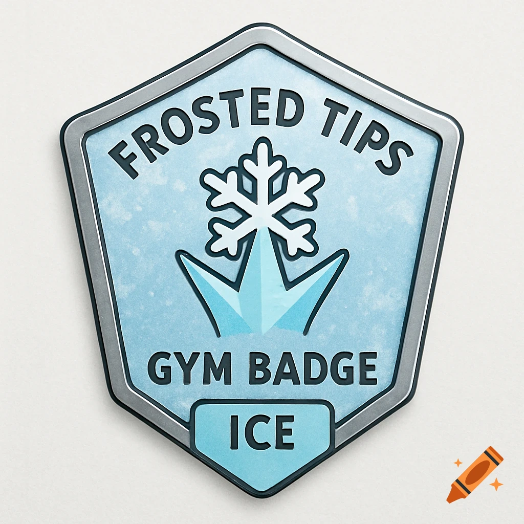 Hexagonal blue and silver gym badge with a snowflake and ice spikes, text reads FROSTED TIPS GYM BADGE ICE.
