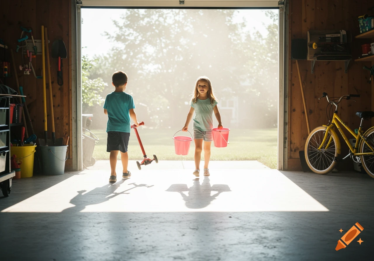 Two children walk into a sunlit garage, one with a scooter and one with buckets.