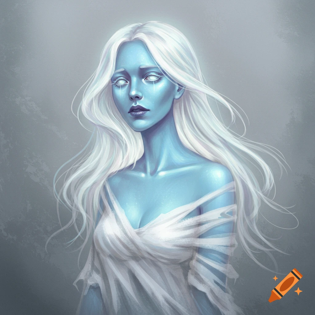 Portrait of a ghostly woman with pale blue skin, white eyes, long white hair, and white fabric wrapped around her.