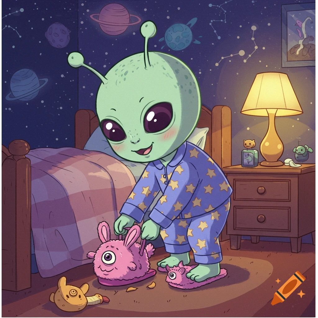 Cartoon alien in star pajamas puts on pink monster slippers in a space-themed bedroom.